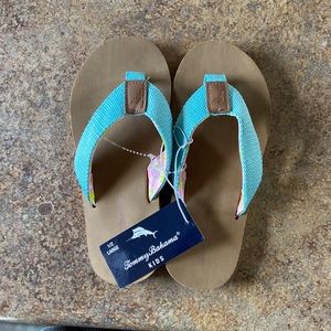 NEW! Tommy Bahama Kids Teal/Pink/Tan Classy Flip Flops. Girls Size 1/2 (Large)